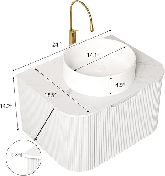 Yayzy 24" Floating Bathroom Vanity with Sink, Solid Wood Fluted Cabinet, White Round Ceramic Basin & Faux Marble Top, Soft-Close Drawer, Pre-Assembled, White