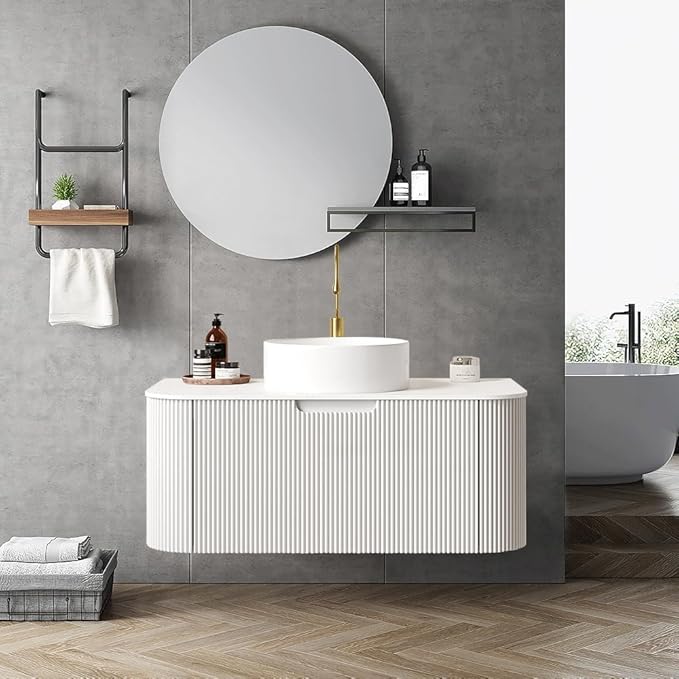 LKTART 36 Inch Floating Bathroom Vanity with Sink, Modern Wall Mounted Bathroom Storage Cabinet with Drawer, Round White Ceramic Sink Top and Marble Texture Top, White