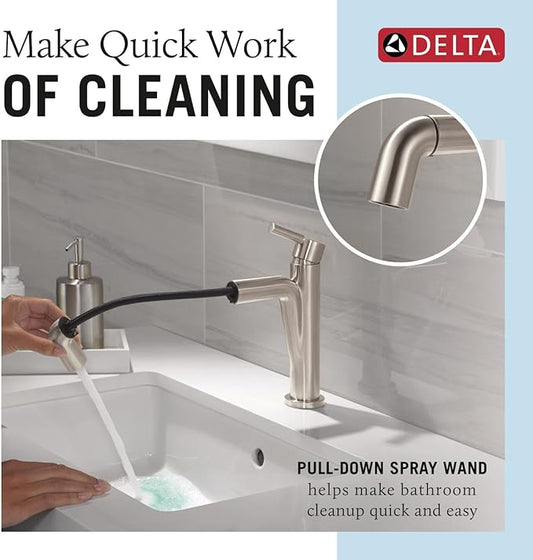 Delta Nicoli 1 Hole Pull Down Bathroom Faucet with Sprayer, Brushed Nickel Single Hole Bathroom Sink Faucet with Pull Out Sprayer for Vanity, Push-Pop Drain, Stainless 15849LF-SSPD