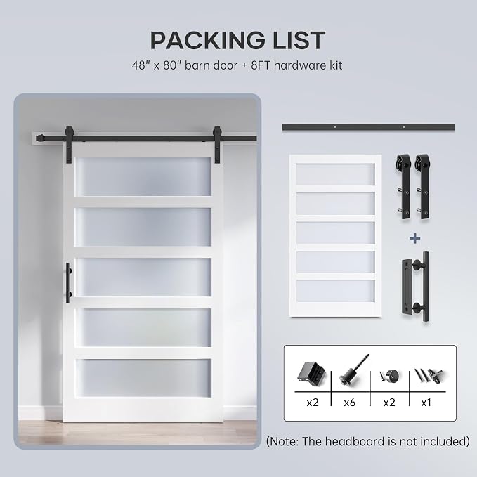 48x80 Inch Glass Sliding Barn Door Slab and 8ft Hardware Kit Included, 5 Frosted Glass, LVL Wood Panel Covered with White Water-Proof Scratch-Proof PVC Surface, Simple DIY Assembly