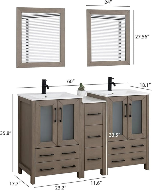 HOMEBEYOND 60 Inch Modern Bathroom Vanity with Sink & Mirror, Double Sink Vanity Cabinet with Basin and Mirror, Dove-Tailed Drawers, Soft-Closing Doors, Wood, Driftwood Gray