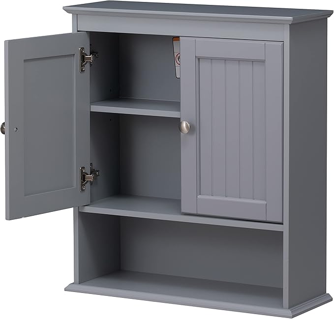 Spirich Bathroom Medicine Cabinet Over Toilet, Wall Mounted Cabinet, Gray | FSC-Certified Engineered Wood, Hidden & Open Storage, Adjustable Shelf, Modern Beadboard Design for Bathroom Kitchen Laundry