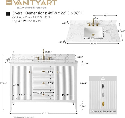 Vanity Art 48 inch Bathroom Vanity with Single Sink & Ceramic Top, Vanity Cabinet with Soft-Closing Door, Solid Wood Frame, Linear Pattern, White, Golden Brushed Handware VA9148-W-GB