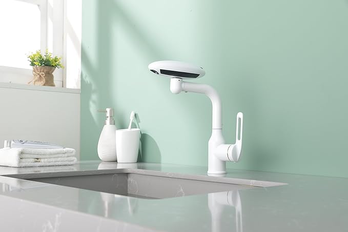 Bathroom Sink Faucet 1 Hole, White Multifunctional Basin Faucet with 4 Water Outlet Modes, Modern 360°Rotatable Bar Tap with Two Water Supply Pipes