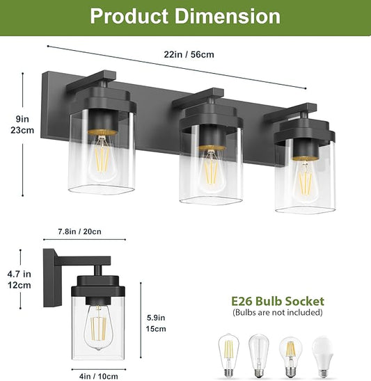 Black Bathroom Light Fixtures, 3 Lights Bathroom Lighting Fixtures Over Mirror, Square Design & Rectangle Large Backplate, Modern Vanity Lighting Fixtures, for Bathroom/Living Room/Bedroom