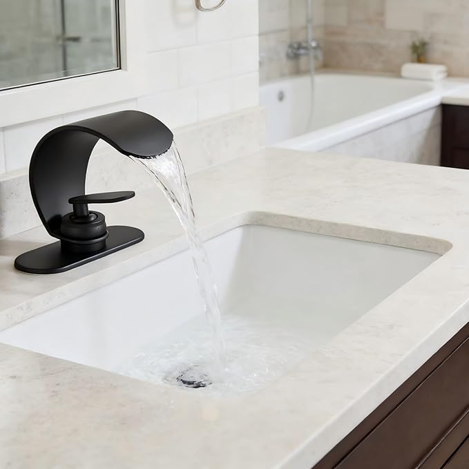 Waterfall Bathroom Sink Faucet, Matte Black Single Hole Vanity Faucet with Pop-Up Drain, Deck Plate & Supply Hoses, Modern 1 Handle Deck Mount for Bathroom Vanity Sink