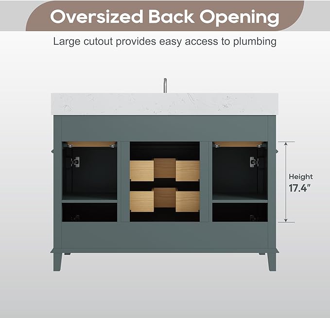 48 Inch Bathroom Vanity with Sink, Modern Bathroom Vanity with Engineered Stone Countertop, Solid Wood Frame Bathroom Storage Cabinet with Soft Closing Door & Dovetail Drawer, Green