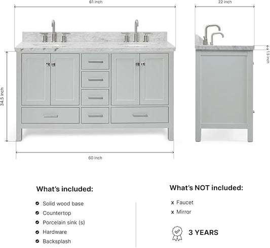 ARIEL Cambridge 60-inch Bathroom Vanity with Sink,Solid Wood, 1.5-inch Italian Carrara Marble Countertop & Backsplash, Double Oval Porcelain Sink, 4 Soft Closing Doors, 6 Dovetail Drawers, Grey