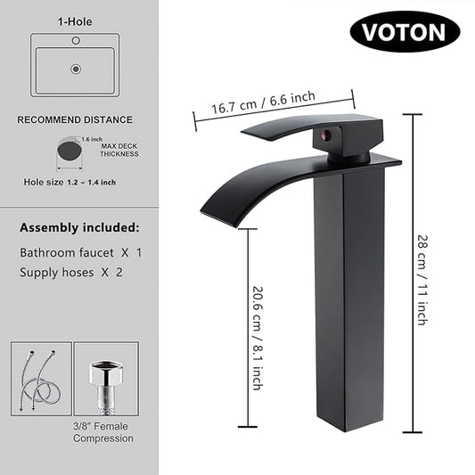 VOTON Vessel Sink Faucet Matte Black Modern Tall Waterfall Bathroom Sink Faucet Single Handle Bathroom Faucet 1 Hole Bowl Lavatory Vanity Faucet, Rv Sink Camper Farmhouse Bathroom Faucet