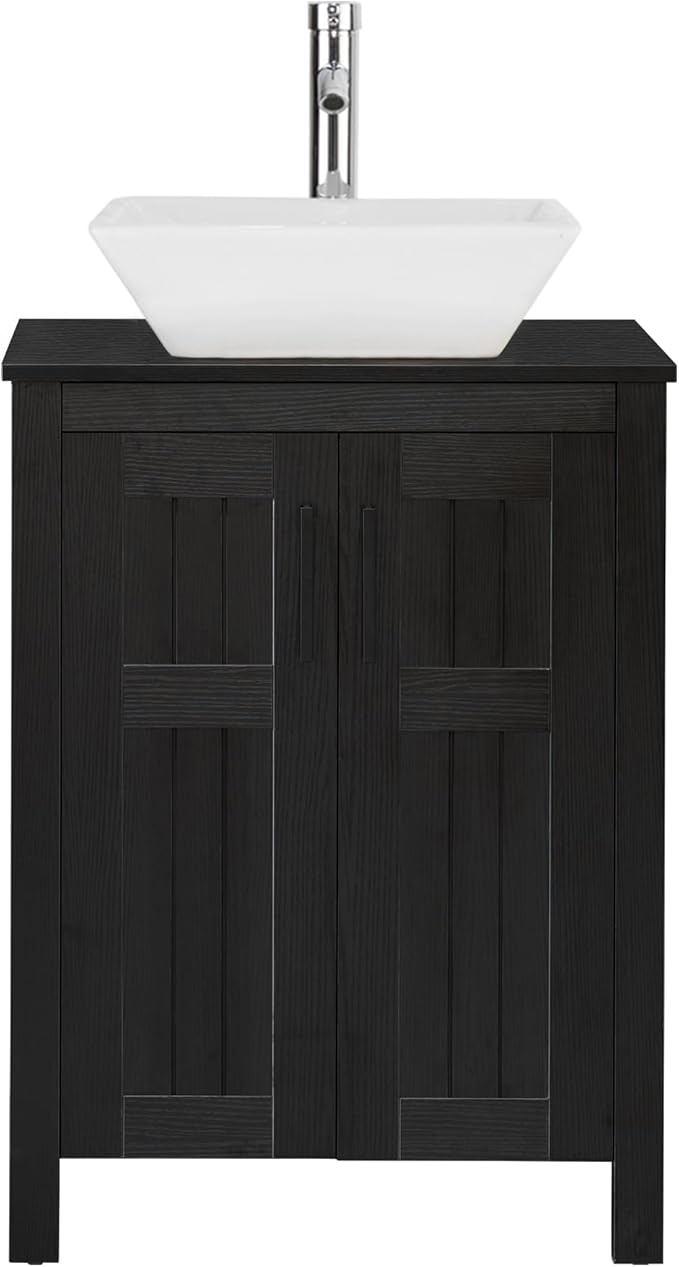 UEV Black 24" Bathroom Vanity with Sink Combo,Modern Vanity with Vessel Sink,Stylish Bathroom Vanity Cabinet,Grooved Doors & Metal Handles,Modern White Square Bowl Ceramic Vessel Sink(A07)