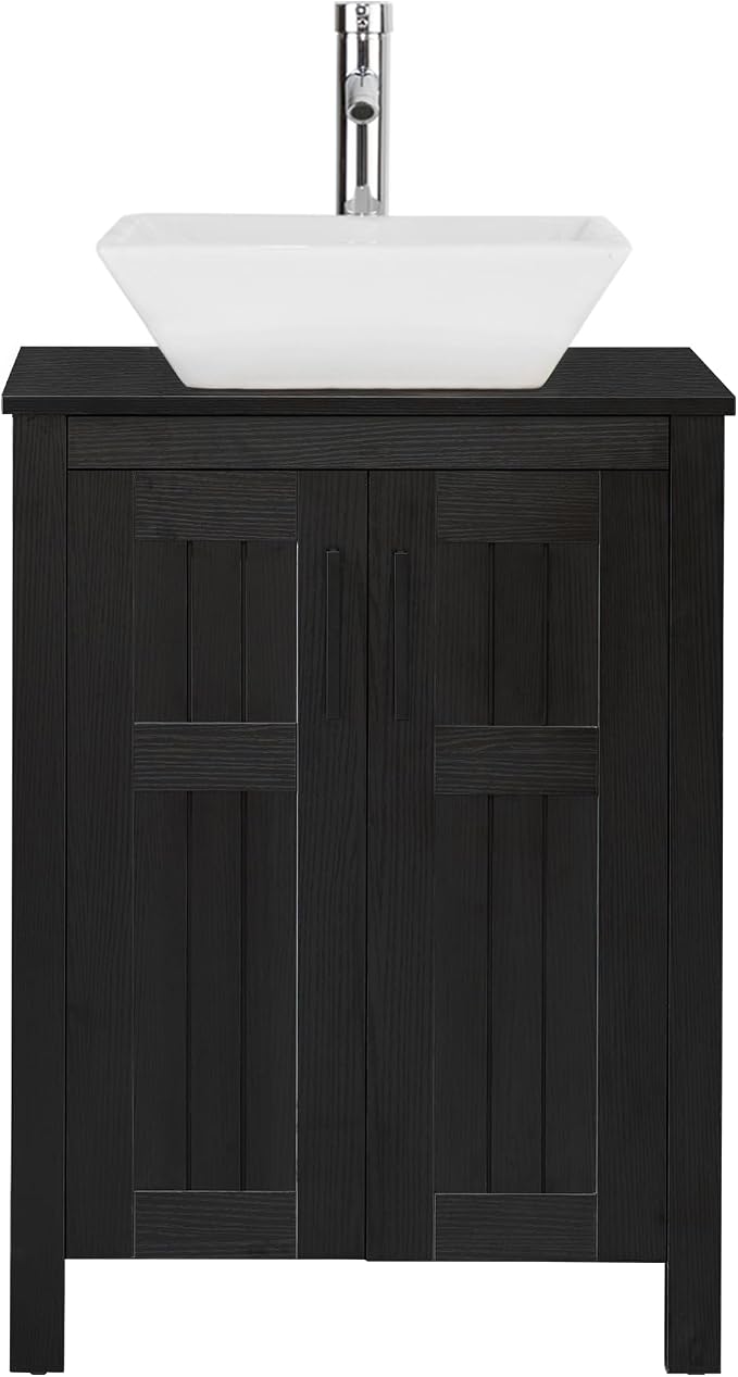 Black 24" Bathroom Vanity with Sink Combo,Modern Vanity with Vessel Sink,Stylish Bathroom Vanity Cabinet,Grooved Doors & Metal Handles,Modern White Square Bowl Ceramic Vessel Sink(A07)