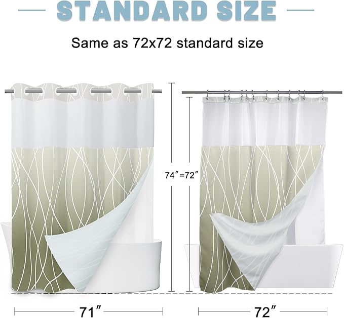 Ombre Sage Green No Hook Shower Curtain with Liner, 71 x 74 Inch | Stripe Pattern,Waterproof,Quick Dry,Mesh Top Window,Bottom Magnets,Hotel Style,Machine Washable,Modern,for Bathroom