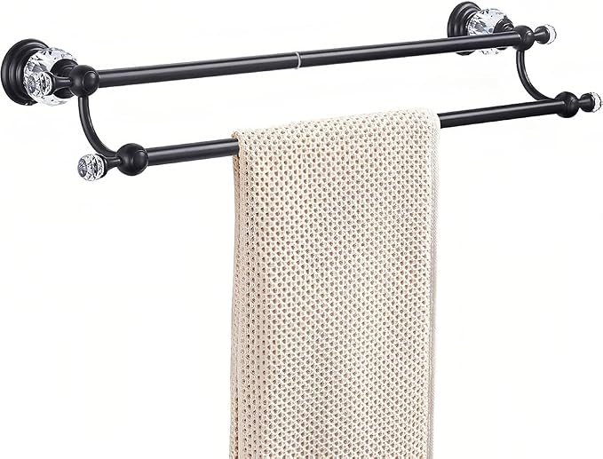 Crystal Black Towel Holder Double Adjustable Towel Bar 13 to 25 Inch, Towel Rack Rail for Bathroom Wall Mounted