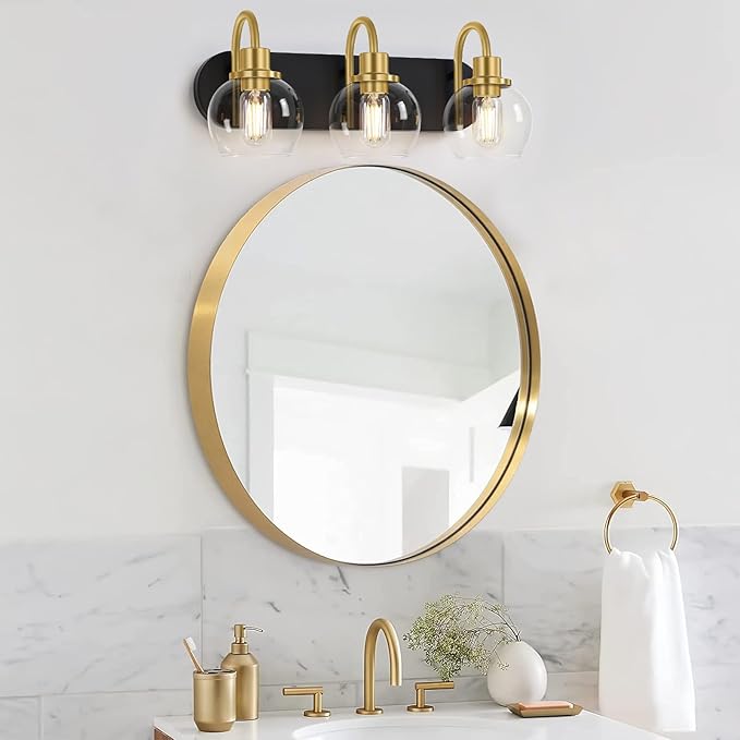 Modern 3-Light Vanity Light, Bathroom Lighting Fixture Over Mirror With Clear Glass Shade and Metal Base, Wall Sconces in Matte Black and Gold