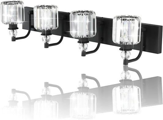 Ralbay Black Crystal Vanity Light Fixtures 4 Light Crystal Bathroom Vanity Lights Fixtures Over Mirror Modern Matte Black Bath Wall Lights