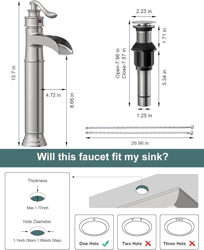 BWE Waterfall Vessel Sink Faucet Brushed Nickel Bathroom Faucet Single Handle Tall Single Hole Bathroom Sink Faucet Commercial Mixer Tap with Pop Up Drain Assembly and Supply Line