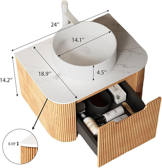 Yayzy 24" Floating Bathroom Vanity with Sink, Solid Wood Fluted Cabinet, White Round Ceramic Basin & Faux Marble Top, Soft-Close Drawer, Pre-Assembled, Natural Woodgrain