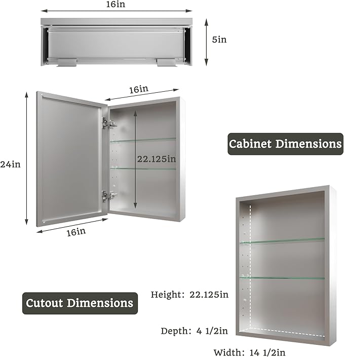 16 x 24 in Medicine Cabinet with Mirror and Side Panels, Silver | Surface or Recessed Medicine Cabinet Mirror with Storage, Adjustable Shelves, Aluminum Alloy Frame, Assembly Required