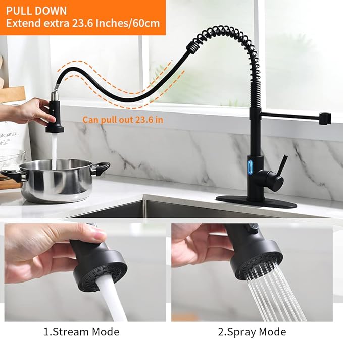 OWOFAN Touchless LED Light Kitchen Sink Faucet Pull Down Sprayer Smart Motion Sensor Activated Hands Free Single Handle Kitchen Faucet Black