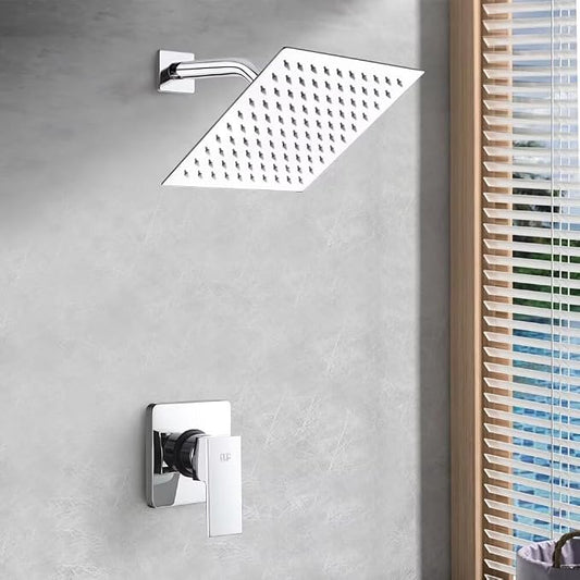 Single Function Shower Trim Kit with Rough-in Valve, Bathroom Rain Shower Set Bath Rainfall Shower Faucet System with Square Stainless Steel Metal Showerhead, Polished Chrome
