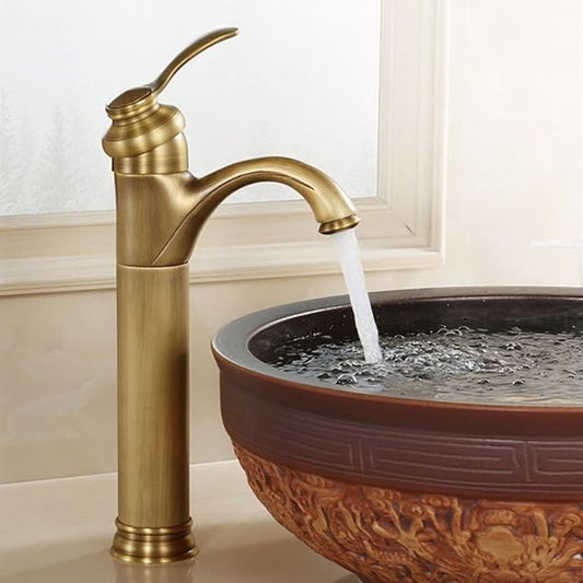 Vintage Bathroom Faucet, Cold Hot Mixer Vanity Tap, Single Hole, Antique Brass High, Gold(Antique)