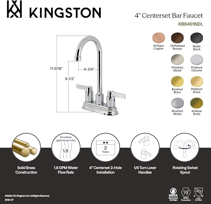 Kingston Brass KB8493NDL NuvoFusion Two-Handle 2-Hole Deck Mount Bar Faucet in Antique Brass