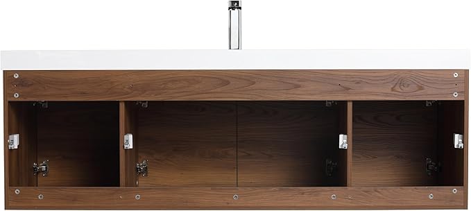 Blossom 60 Inch Bathroom Vanity with Sink, Wall Mounted Floating Bathroom Vanity Cabinet with Acrylic Sink, All Wood Soft Close Doors and Storage, Space Saving Design, Brown Walnut Finish