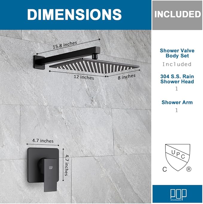 Matte Black Shower Faucet Set, Bathroom Rainfall Shower System with Stainless Steel Metal Showerhead, Single Function Shower Trim Kit with Rough-in Valve