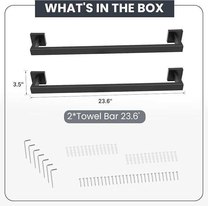24 Inch Matte Black Bathroom Hardware Set,4 Pack Bathroom Towel Bar Set | 24Inch Square Bathroom Towel Bar, Modern Design, SUS304 Stainless Steel Premium Material, Wide Drying Space Towel Rack
