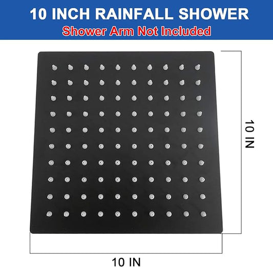 NearMoon Rain Shower Head, High Flow Stainless Steel Square Rainfall Shower, High Pressure Design, Awesome Shower Experience Even At Low Water Flow (10 Inch, Matte Black)
