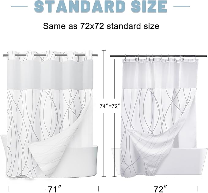 No Hook Shower Curtain with Snap-in Liner, Gray White, 71 x 74 Inch | Stripe Pattern, Waterproof, Mesh Top Window, Bottom Magnets, Hotel Style, Machine Washable, Quick Dry, Modern, for Bathroom