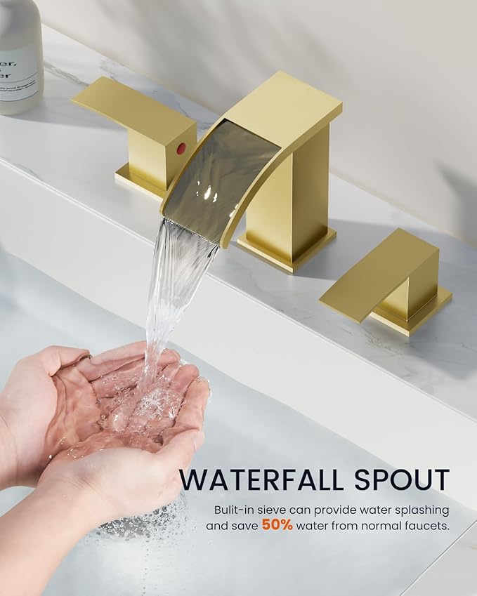 gotonovo Waterfall Bathroom Faucet 3 Hole Square Body,Brushed Gold | SUS304 8’’ Widespread Bathroom Sink Faucet,2.17’’ Wide Spout,24’’ cUPC Hose,Pop Up Drain,2 Handle,Vanity,Lavatory,Basin,RV