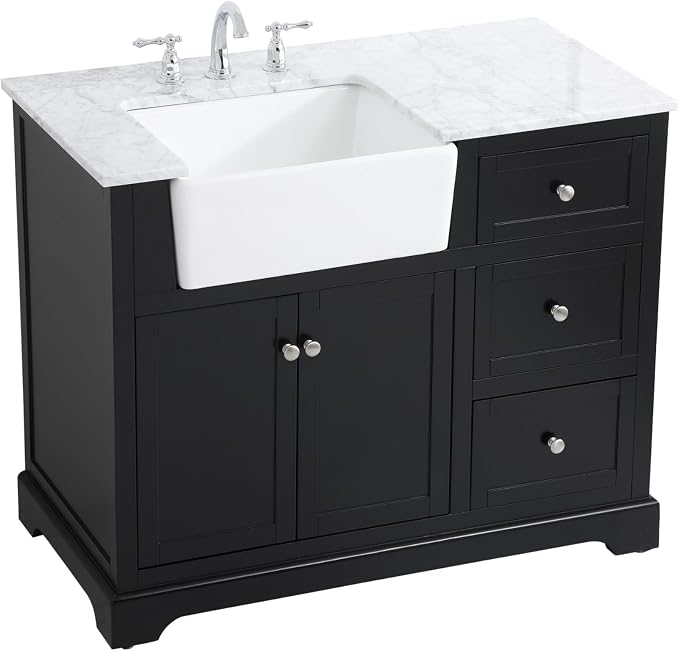 42" Pre-Assembled Bathroom Vanity with Sink, Solid Birch and MDF, Carrara White Marble Countertop Attached, Single Rectangle Porcelain Sink, 3 Soft-Close Drawers, Black