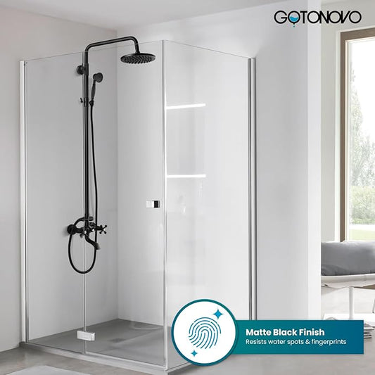 gotonovo Exposed Bathroom Shower Faucet Wall Mounted Shower System 8 Inch Shower Head and Tub Spout Double Cross Handles Adjustable Handheld Sprayer Straight Pipe Matte Black