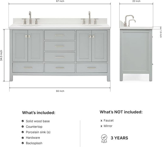ARIEL Cambridge 66-inch Bathroom Vanity with Sink,Solid Wood, 1.5-inch Pure White Quartz Countertop & Backsplash, Double Oval Porcelain Sink, 4 Soft Closing Doors, 6 Dovetail Drawers, Grey