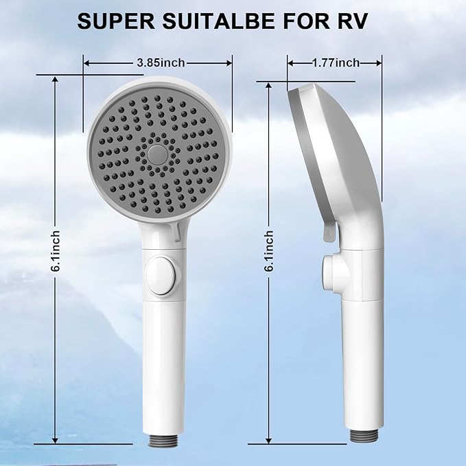 RV Shower Head with Hose, High Pressure 5 Mode Shower head Replacement, Showerheads for RV/Campers, Travel Trailer, Motorhome for Water Saving, Shower Head Holder and Hose, On Off Switch, White