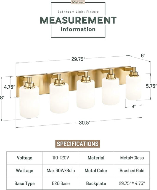 5-Light Bathroom Light Fixtures, 30 Inch Brushed Gold Vanity Light with Cylinder Milk White Glass Shade, Modern Vanity Lighting Fixtures Over Mirror, VL143-BG-ML-5