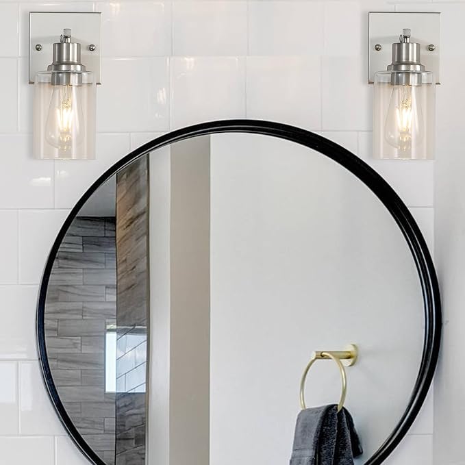 Modern Wall sconces Set of 2,Bathroom Vanity Light fixtures, Brushed Nickel Wall Light with Glass Shade, Farmhouse Wall sconces for Mirror,Bedroom,Living Room,1-Lights