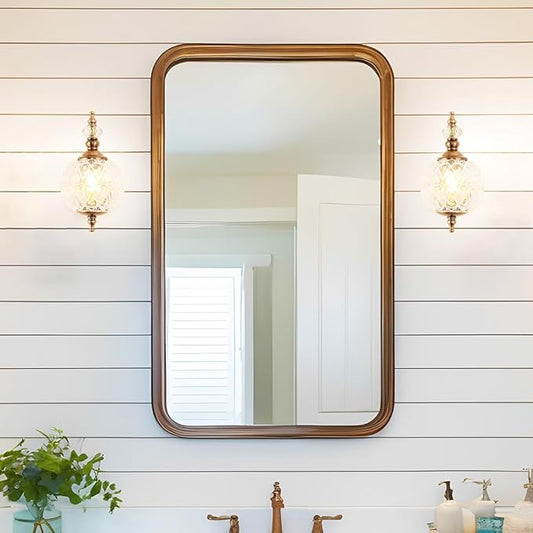 Brushed Gold Bathroom Wall Sconce Vintage Style - G9 Bulb Compatible, Small Hardwired Bathroom Vanity Lighting with Hand-Etched Glass Shades, Easy Mounted for Bedroom Living Room Hallway