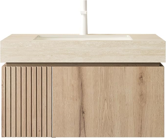 KEIKI 30 Inch Floating Bathroom Vanity with Sink, White Oak & Beige | Modern Wall Mounted Storage Cabinet w/ Drawer & Door, Pre-assembled Wood Panels, Sintered Stone Top & Ceramic Basin Combo Set