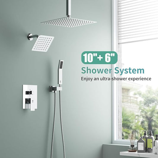Shower Faucet Set Shower System - SR SUN RISE Polished Chrome Shower Trim Kit with Dual Shower Head, 10'' Ceiling Rainfall 6'' Wall Mount with Handheld Shower for Couples, Complete 6 Diverter Valve