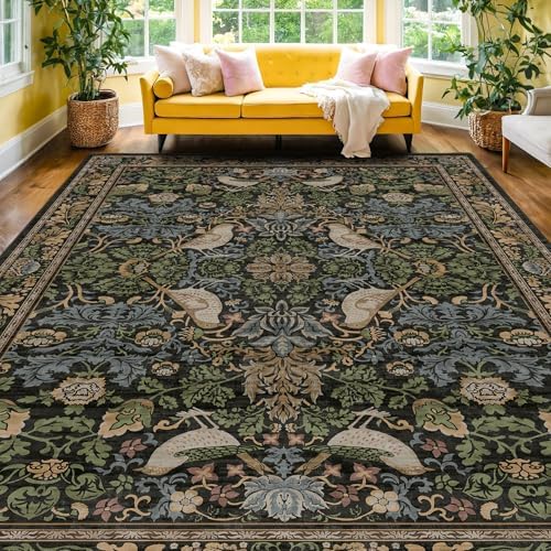 Botanical 10x14 Area Rug for Living Room, Extra Large Bedroom - Washable Rug for Dining Room Under Table Stain Resistant, Brown Green Boho Bird Vintage, Soft Floor Carpet Low Pile