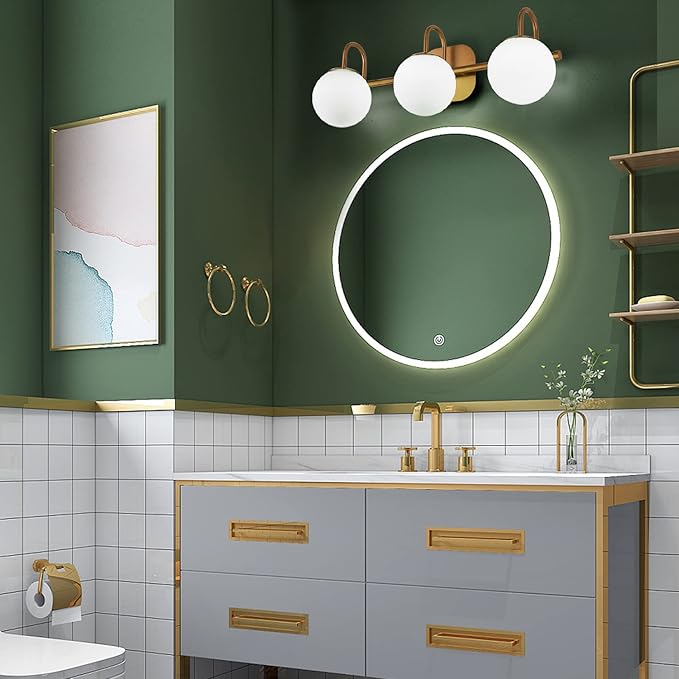 Modern Bathroom Vanity Light Fixtures 3 Lights Brushed Brass Frame and Milk White Glass Globe Shade Modern Wall Sconce Lighting Bath Vanity Lights Bar Over Mirror (Exclude G9 Bulb)