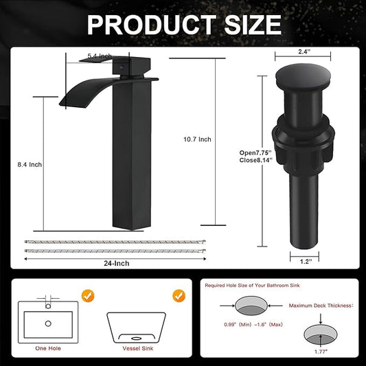 Vessel Sink Faucet Waterfall Bathroom Faucet Matte Black Stainless Steel Tall Single Handle One Hole Deck Mount Bowl Vanity Sink Faucet with Pop-up Drain Stopper