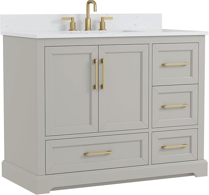 42 Inch Bathroom Vanity with Sink Combo, Solid Wood Frame with Stone Top & Backspalsh, Fully-Assembled with Soft-Closing Doors & 4 Drawers, Greige