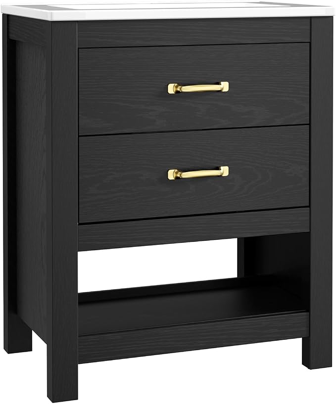 Bathroom Vanity with Sink, 24 Inch Small Bathroom Storage Cabinet with Double Drawers, Freestanding Modern Bathroom Cabinet with Open Bottom Shelf & LED Light, Black