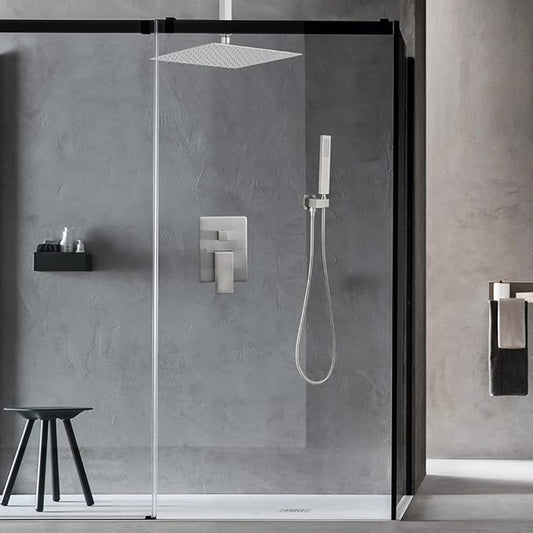 12 Inch Ceiling Mount Brushed Nickel Shower System Bathroom Luxury Rain Mixer Shower Combo Set Ceiling Rainfall Shower Head System (Contain Shower Faucet Rough-in Valve Body and Trim Kit)