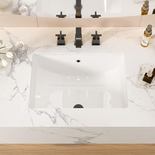 White Ceramic 21"x14" Undermount Bathroom Lavatory Sink | Rectangle under counter white bathroom vessel sink for bathroom