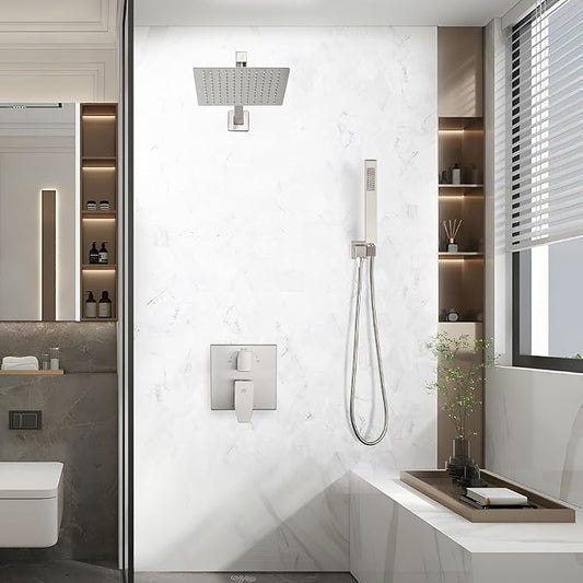 Shower Faucet Set Brushed Nickel Rainfall 8 Inch Shower Head and Handle Set Bathroom Rain Shower System Wall Mounted Shower Fixture Include Shower Valve and Trim Kit