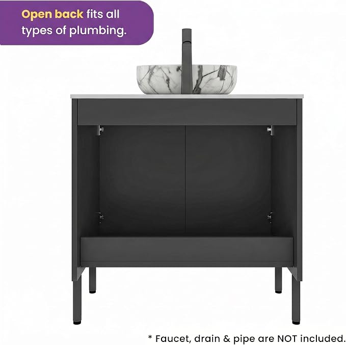 30" Mid-Century Modern Black Bathroom Vanity with Sink, Bathroom Storage Cabinet with Carrara Marble Finish Sink, Soft-Closing Doors, Drain Assembly and Pipe NOT Included